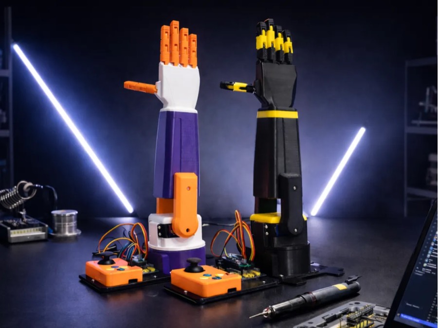 Dos brazos robóticos impresos en 3D, uno naranja y morado y otro negro y amarillo, con sus placas de control