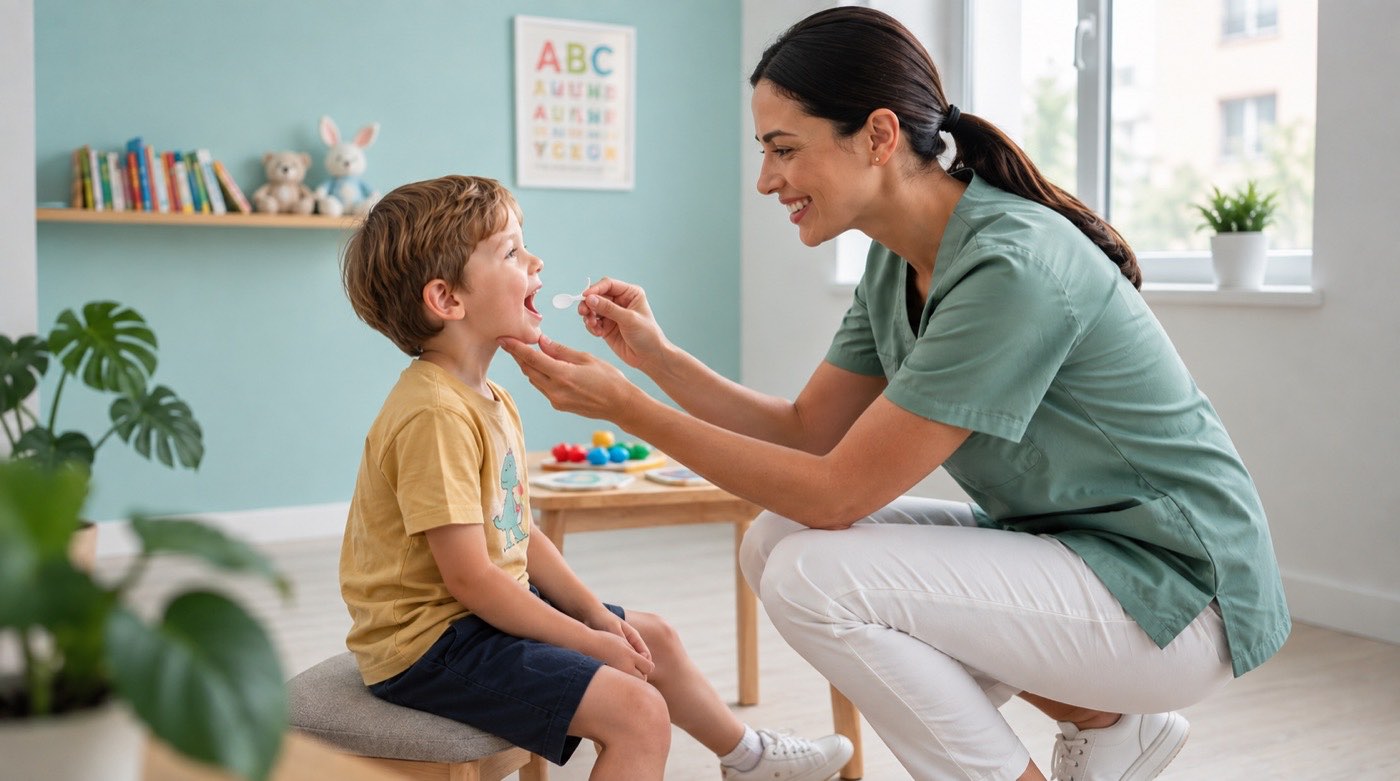 Fonoaudióloga sonriendo mientras trabaja con un niño en una consulta luminosa