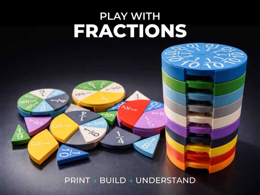 Set de fracciones circulares de colores, con piezas sueltas y una torre de discos apilados