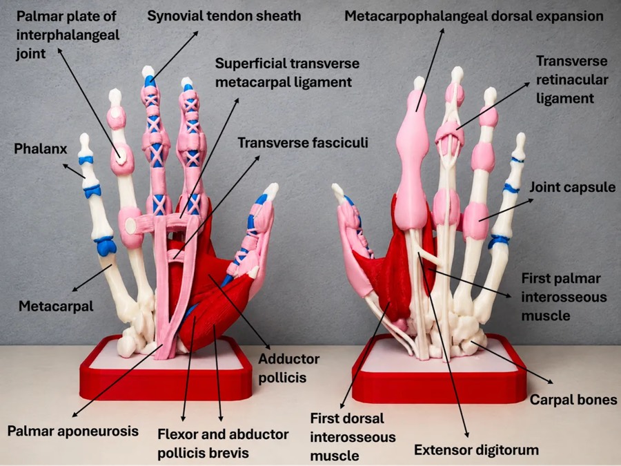 Dos vistas de un modelo anatómico de mano y muñeca impreso en 3D, con huesos blancos, músculos rojos y tendones y ligamentos rosados