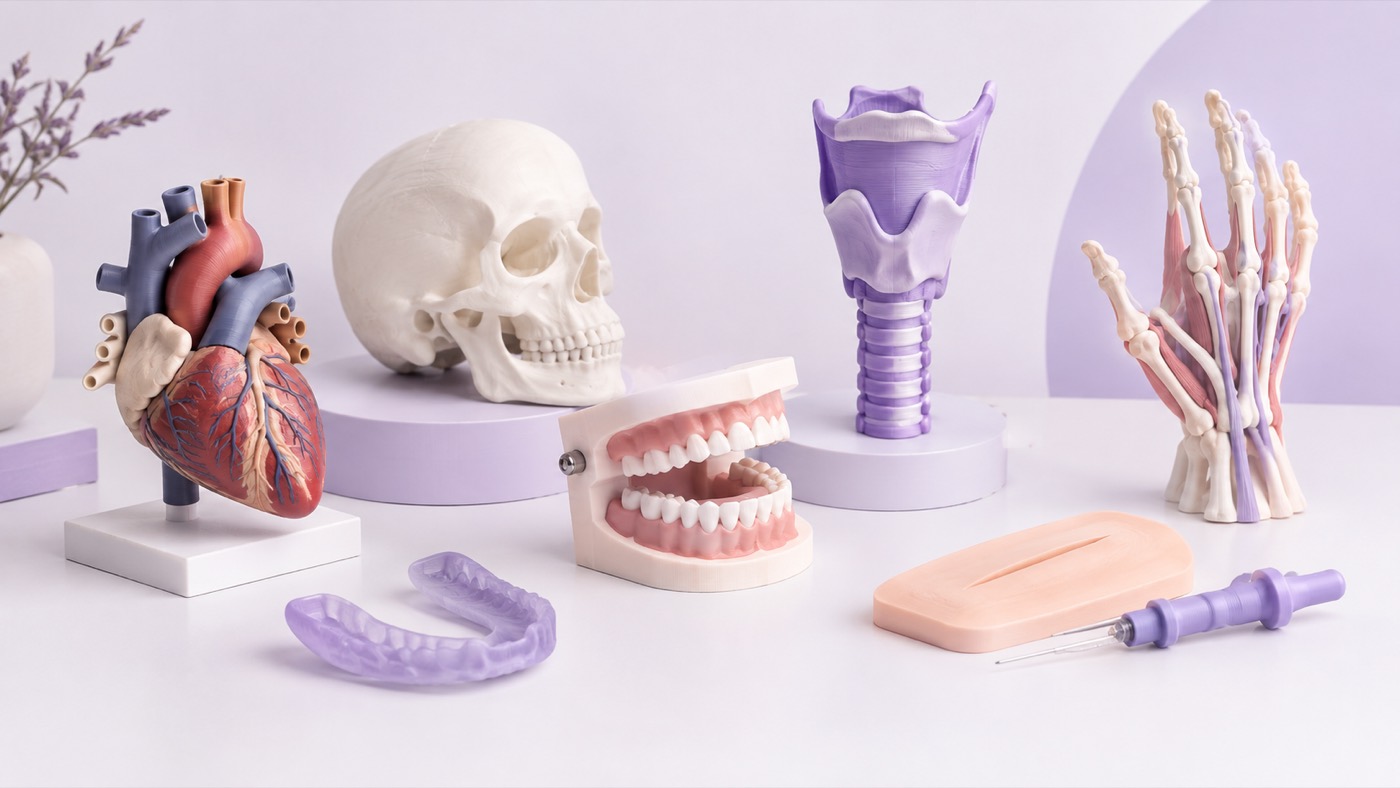 Modelos de medicina impresos en 3D: corazón, cráneo, arcada dental, laringe, mano anatómica, férula dental, pad de sutura y abreampollas sobre una mesa blanca con tonos lila