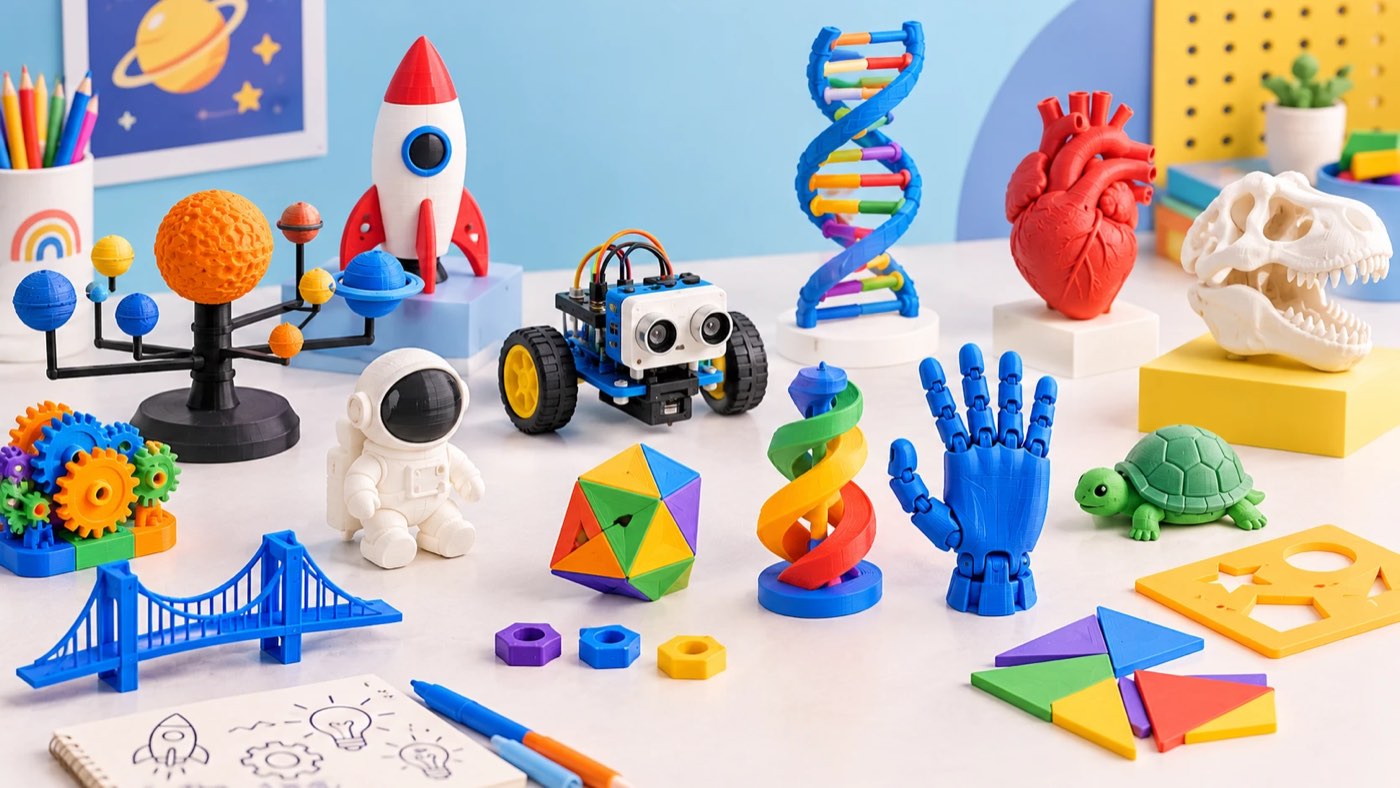 Material STEM impreso en 3D: sistema solar, cohete, robot con sensores, cadena de ADN, corazón, cráneo de dinosaurio, engranajes, puente, astronauta, mano articulada y piezas geométricas de colores