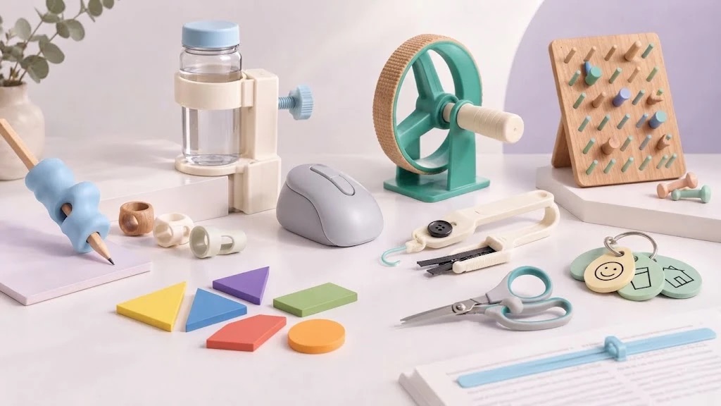Productos de terapia ocupacional impresos en 3D: adaptador de lápiz, soporte de mesa para frascos, rueda de rotación, tablero de clavijas, ayuda para abotonar, tijeras adaptadas, llaveros de comunicación y figuras geométricas sobre una mesa blanca