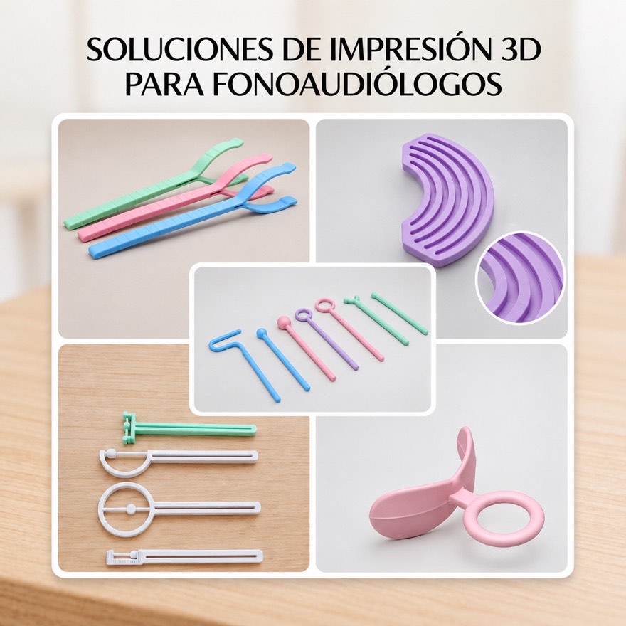 Soluciones de impresión 3D para fonoaudiólogos: ejercitadores de mordida, mordedor en arco, guías linguales, ejercitadores linguales y pantalla oral en colores pastel
