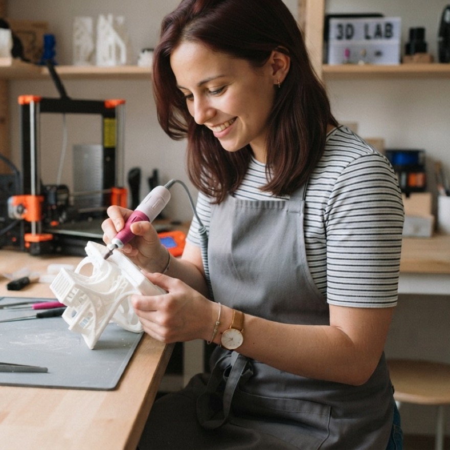 Mujer sonriente puliendo con un torno manual una pieza impresa en 3D, en un taller con impresora 3D y bobinas de filamento